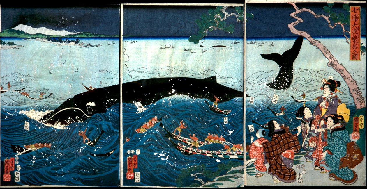 Das Gedeihen der sieben Küsten mit großen Fischen (Nana ura tairyō hanjō no zu) von Utagawa Kuniyoshi