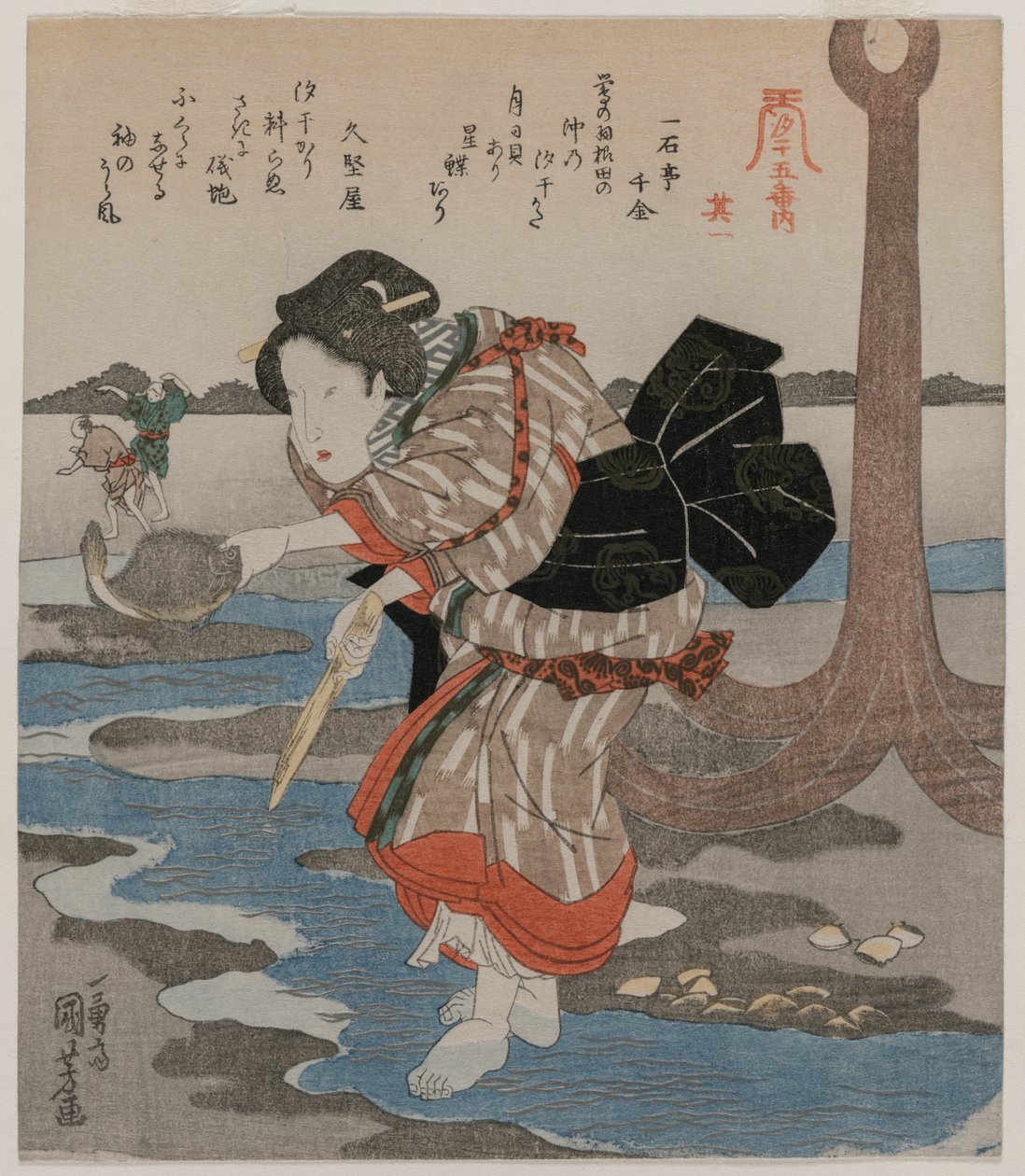 Frau neben einem Anker; aus der Serie Fünf Bilder von Ebbe von Utagawa Kuniyoshi