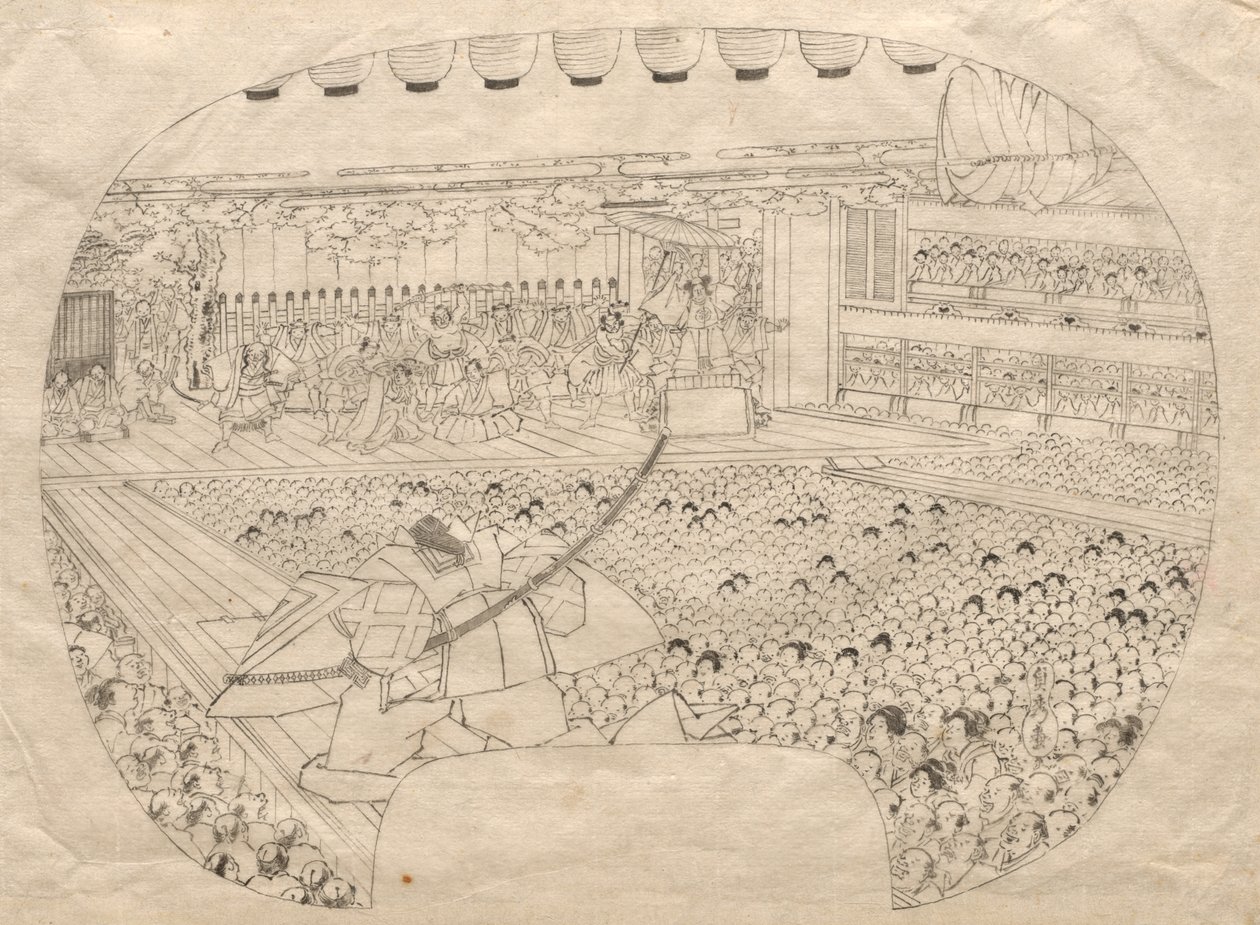 Entwurf für einen fächerförmigen Druck des Kabuki-Theaters von Utagawa Sadahide