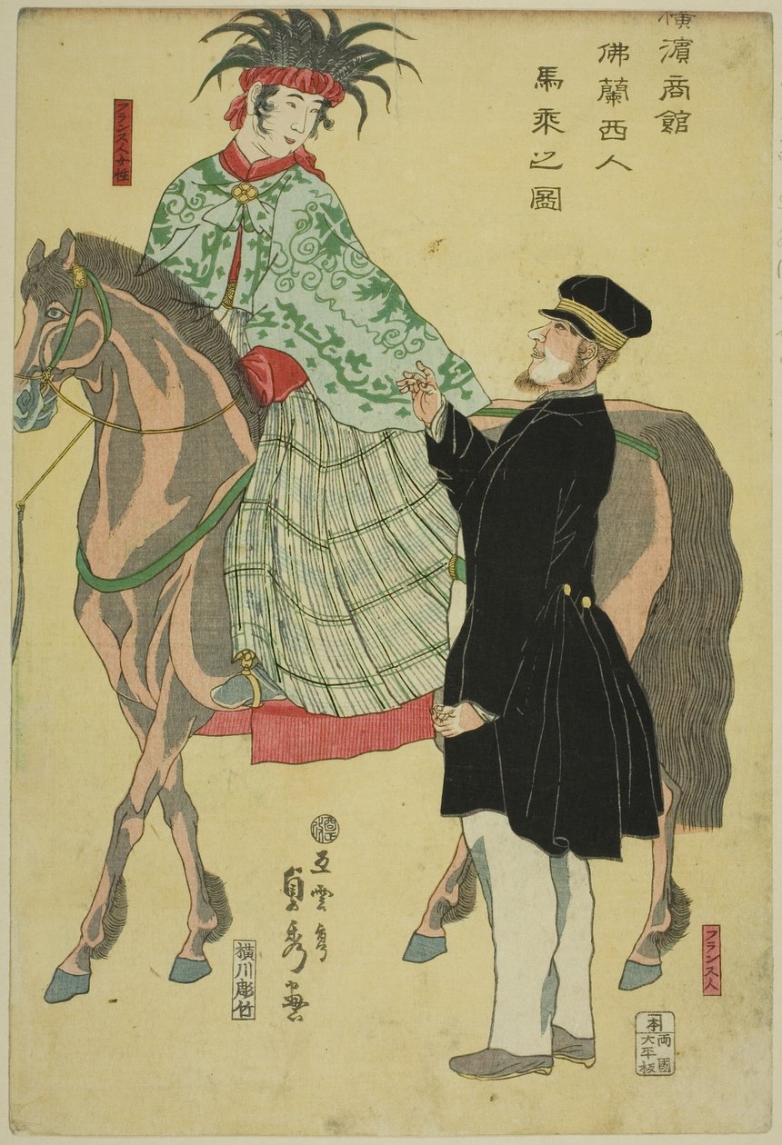 Händler von Yokohama: Französische Frau zu Pferd von Utagawa Sadahide