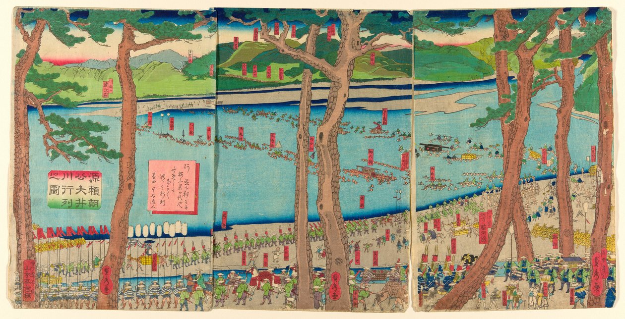 Prozession von Minamoto no Yoritomo über den Oi-Fluss (Minamoto Yoritomo ko Oikawa gyoretsu zu) von Utagawa Sadahide