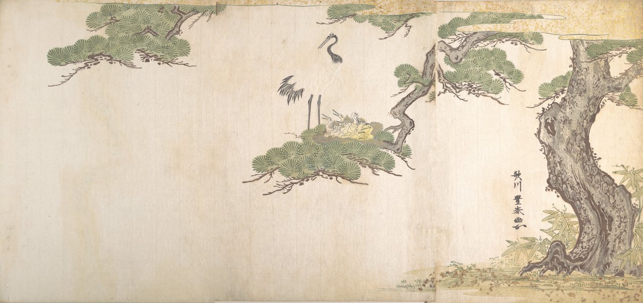 Kraniche und ihre Jungen im Nest in den Zweigen einer Kiefer, ca. 1790 von Utagawa Toyoharu