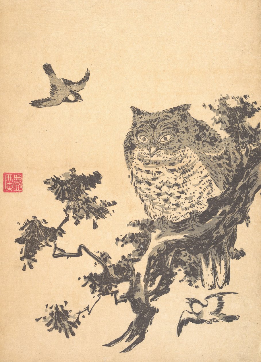 Eule und zwei Schwalben von Utagawa Toyohiro