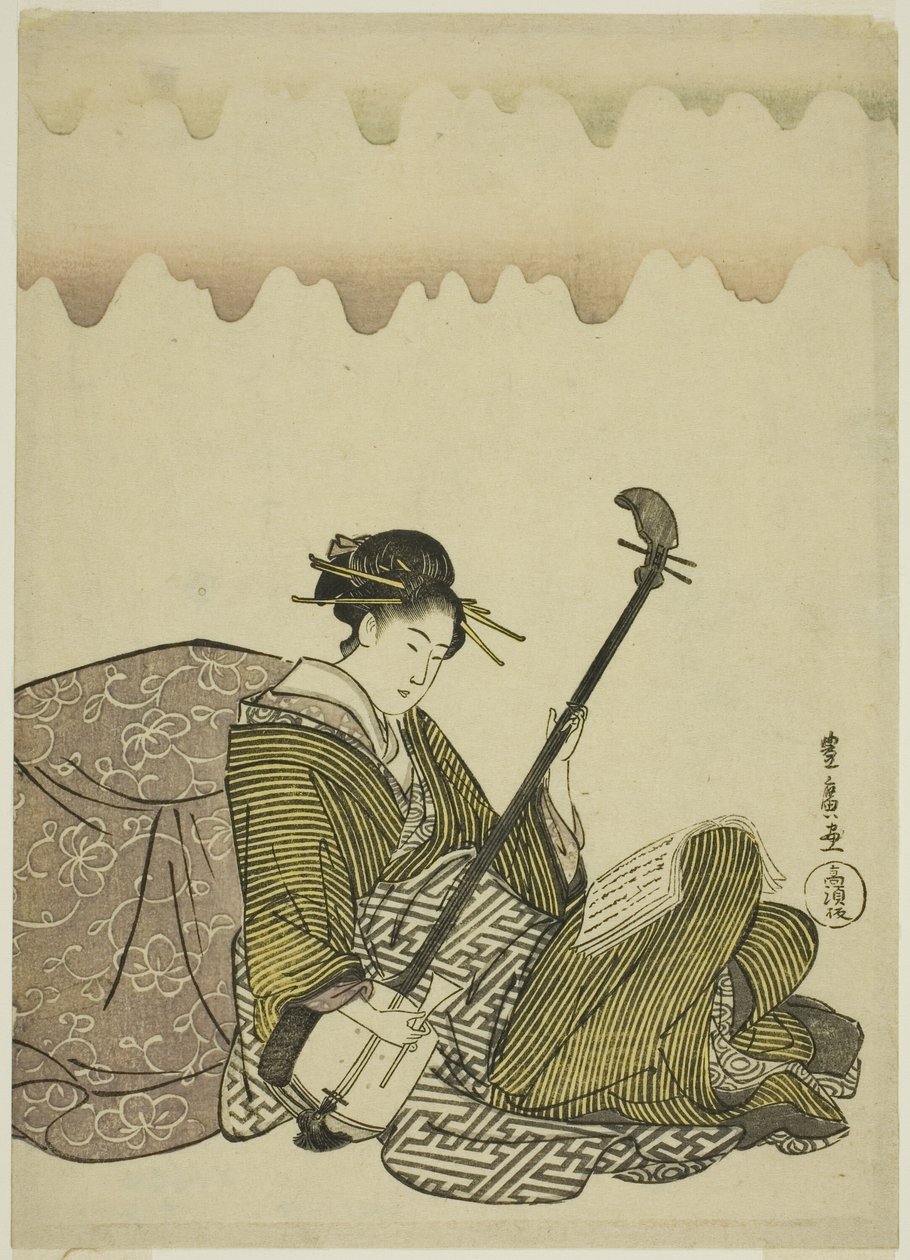 Frau spielt Shamisen, aus einer unbetitelten Serie von Frauen in der Freizeit von Utagawa Toyohiro