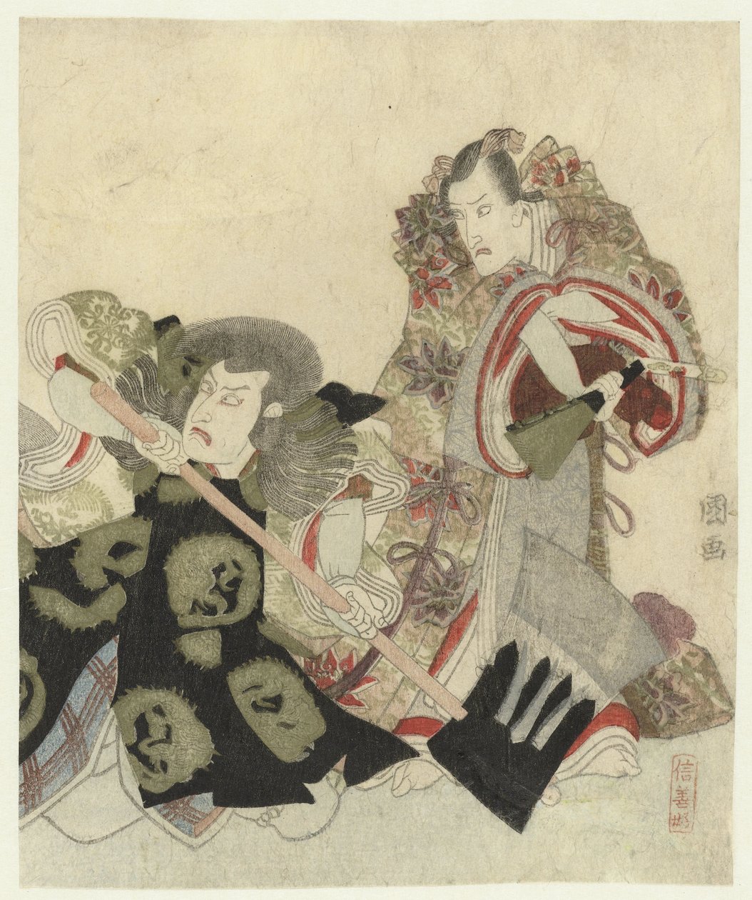 Ichikawa Danjūrō VII als Yoshimune no Munesada mit Fächer und Ichikawa Omezō in der Rolle von Sekibei mit Axt von Utagawa Toyokuni (I)
