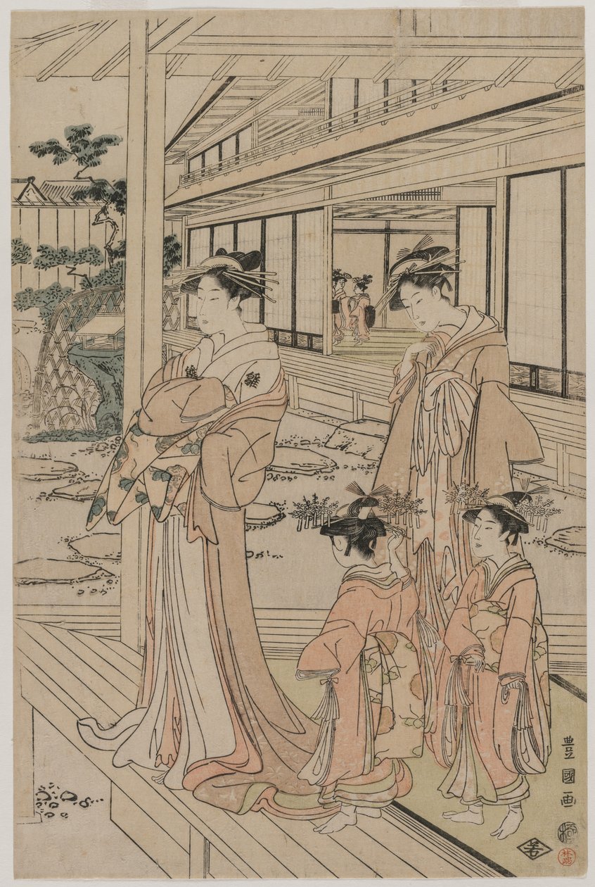 Kurtisane auf einer Veranda stehend von Utagawa Toyokuni