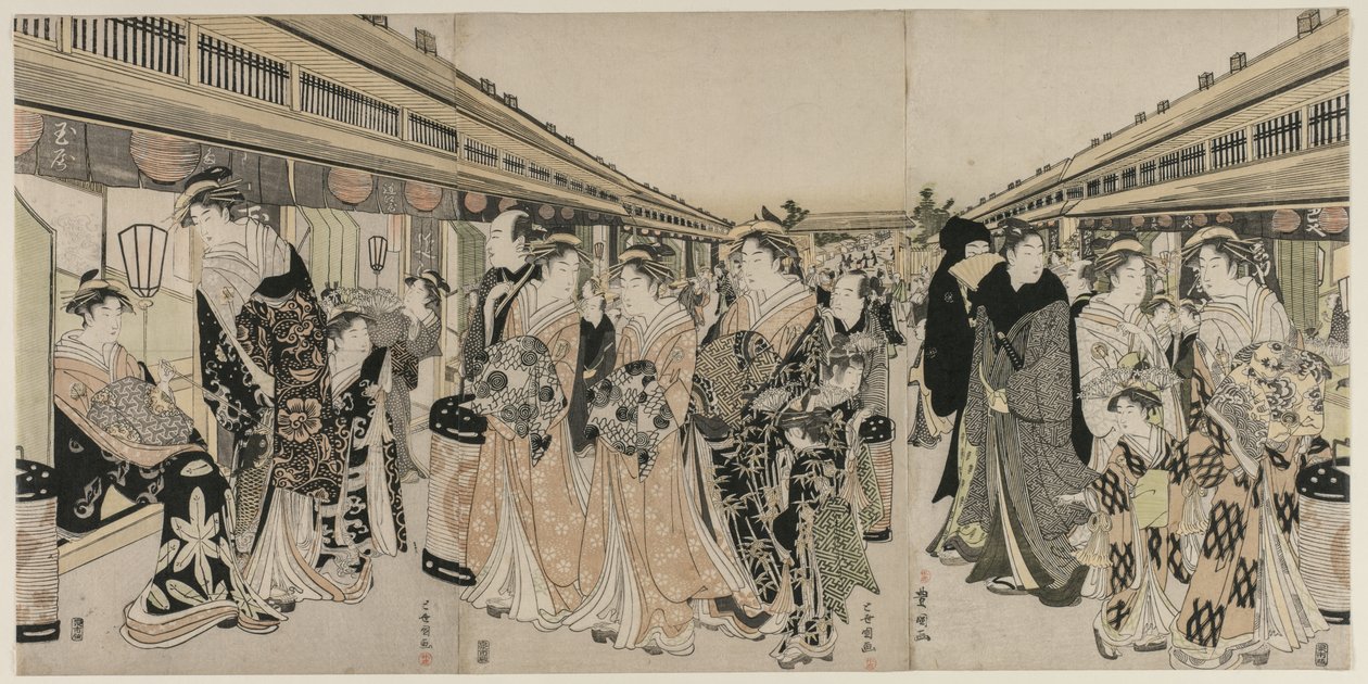 Kurtisanen promenieren auf dem Nakanochō von Utagawa Toyokuni