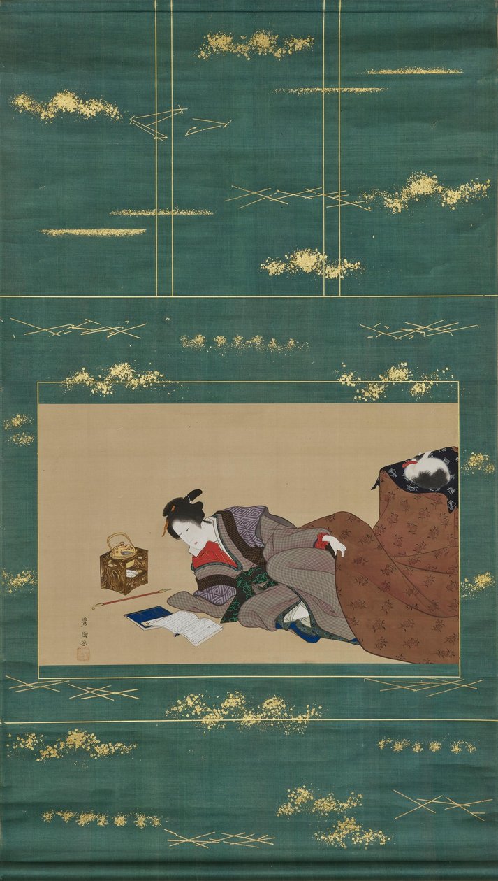 Frau wärmt sich an einem „Kotatsu“ von Utagawa Toyokuni