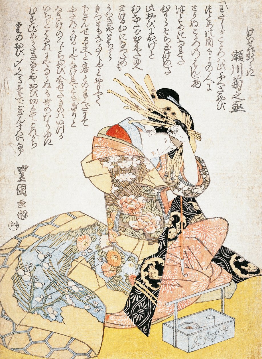 Frau mit einem Kalligraphiepinsel, Holzschnitt von Utagawa Toyokuni