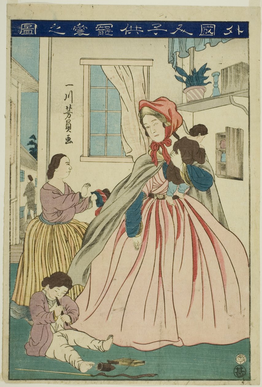 Ausländerin, die sich um ihre Kinder kümmert (Gaikokujin kodomo choai no zu) von Utagawa Yoshikazu