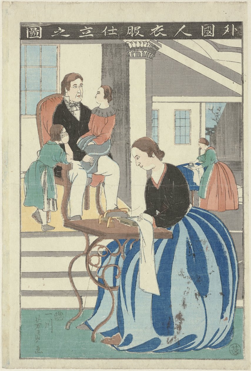 Westliche Frau an einer Nähmaschine von Utagawa Yoshikazu