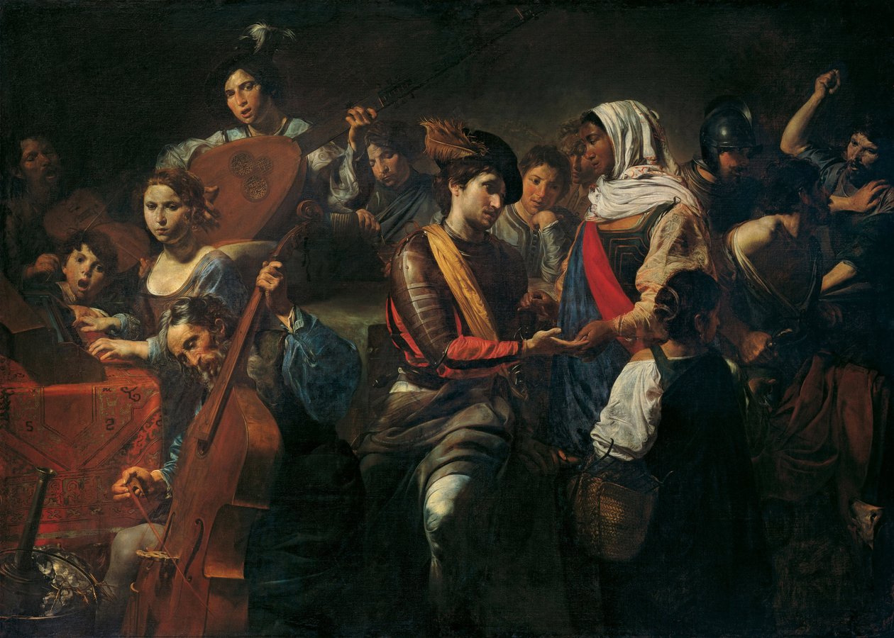Fröhliche Gesellschaft mit Wahrsagerin. Genreszene in einer Taverne, Komposition mit Musikern (Violine, Violoncello, Klavier und Laute), Männer am Tisch bereiten ihr Getränk vor, die Wahrsagerin von Valentin de Boulogne