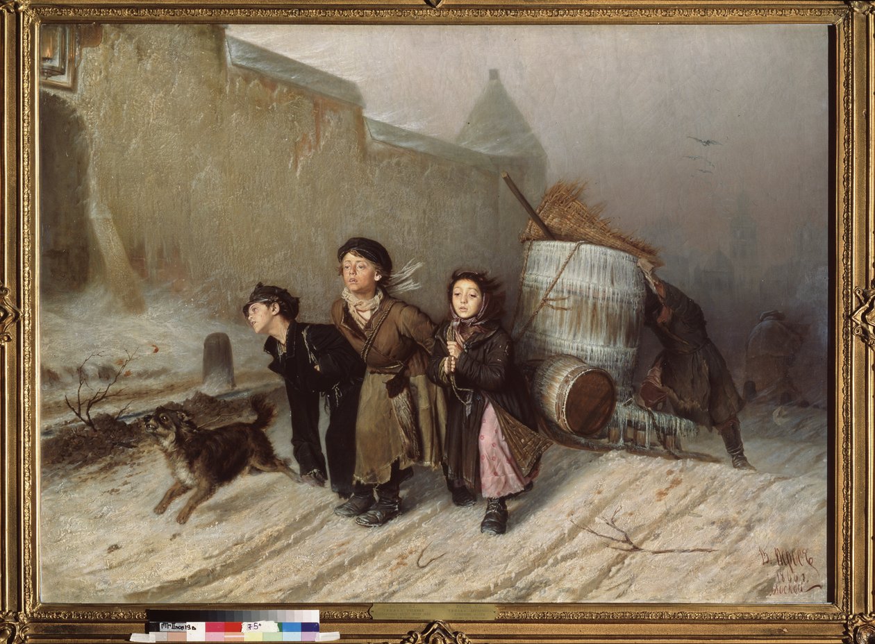 Troika (Schlitten). Die Lehrlinge holen Wasser. (Straße im Winter) von Vasili Grigorevich Perov