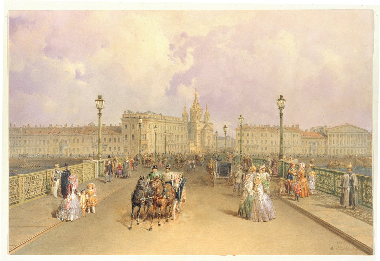 Ansicht der Blagoweschtschenski-Brücke in Sankt Petersburg, 1851 von Vasili Semenovich Sadovnikov