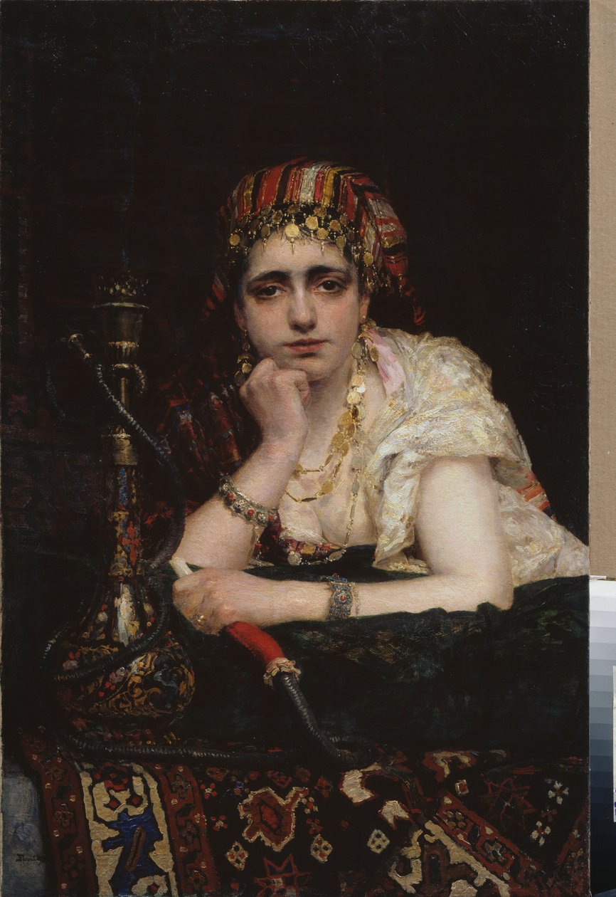 Eine Odaliske. (Porträt einer Haremsfrau mit melancholischem Blick, die eine Wasserpfeife hält). Gemälde von Vasili Dmitrievich Polenov (1844-1927) von Vasilij Dmitrievich Polenov