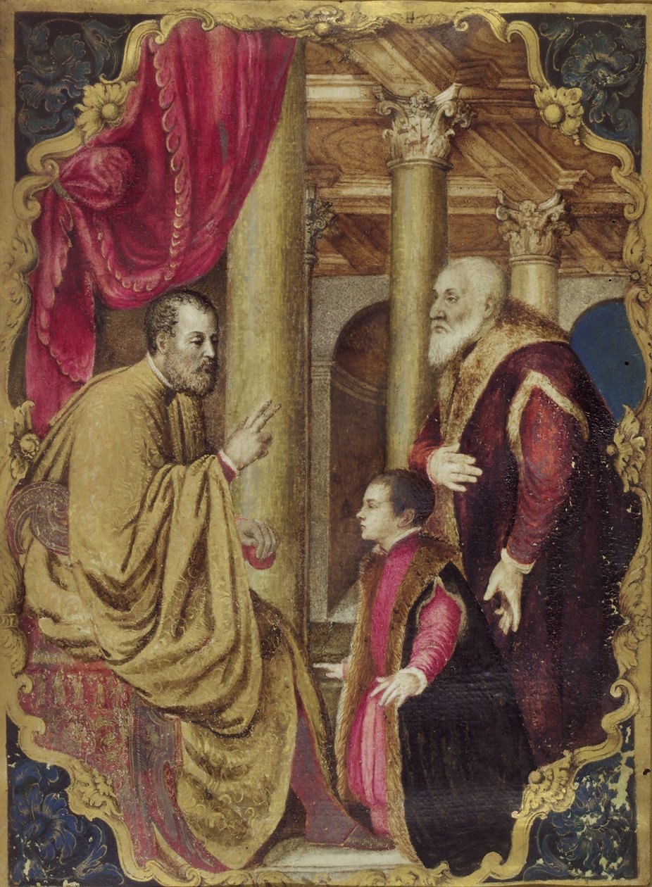 Venezianischer Senator oder Doge, der seinen Sohn seinem Schutzpatron vorstellt von Venetian School