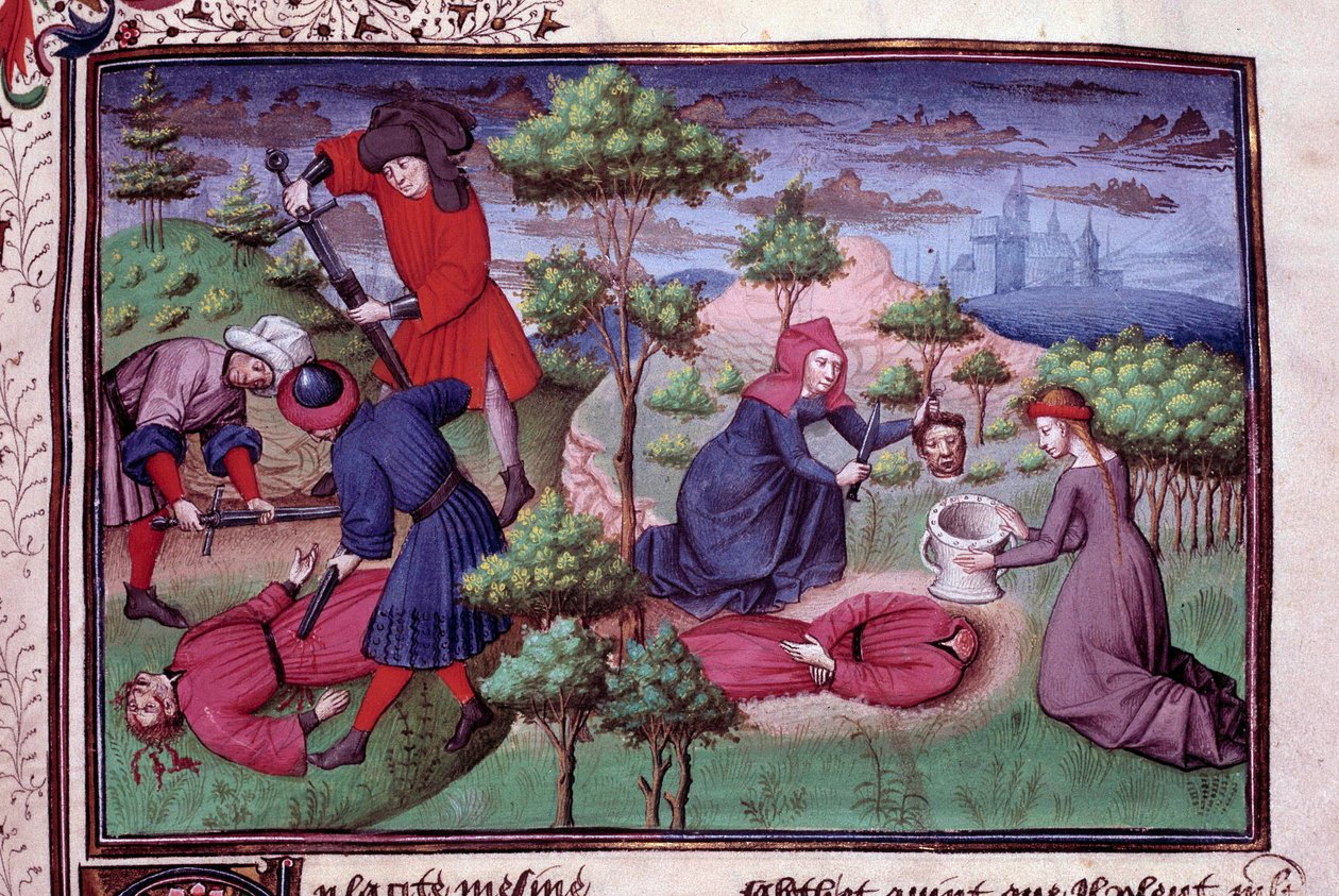 Mordszene von zwei Männern, deren Mörder ihnen den Kopf abschneiden. Seite eines Manuskripts auf Französisch des „Decameron“ von Giovanni Boccaccio genannt Jean Boccace (1313-1375), italienischer Schriftsteller, illuminiert vom Meister von Mansel. 1450. Pa von Vicente de Paredes