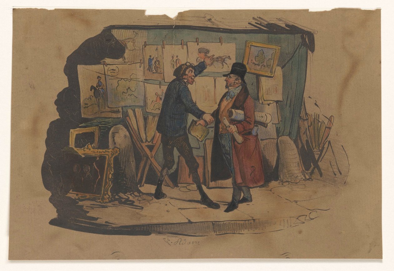 Straßenverkäufer mit einem Stand voller Kunst hält einen Mann an von Victor Adam