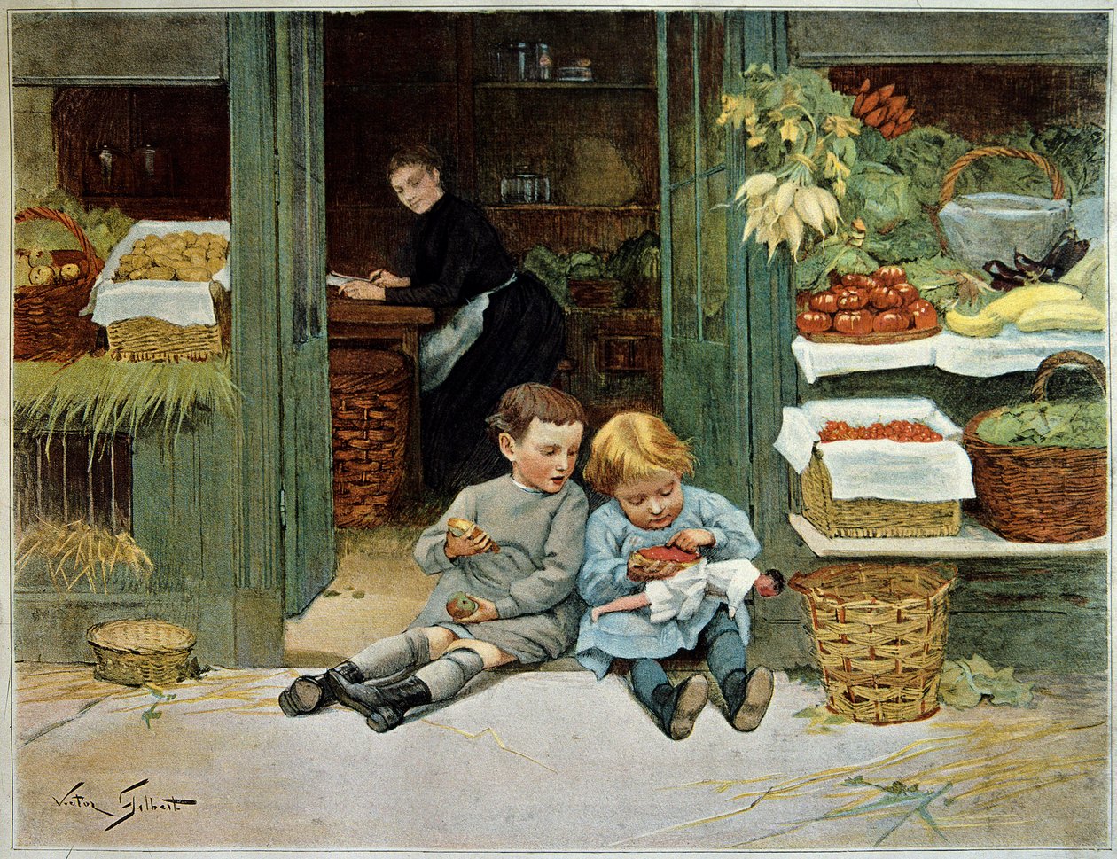 Tour ihn. Kind isst Toast vor den Einkäufen seiner Mutter. Das kleine Mädchen hat eine Puppe auf den Knien. Gemälde von Victor Gilbert (1847-1935). Paris, Decorative Arts von Victor Gabriel Gilbert