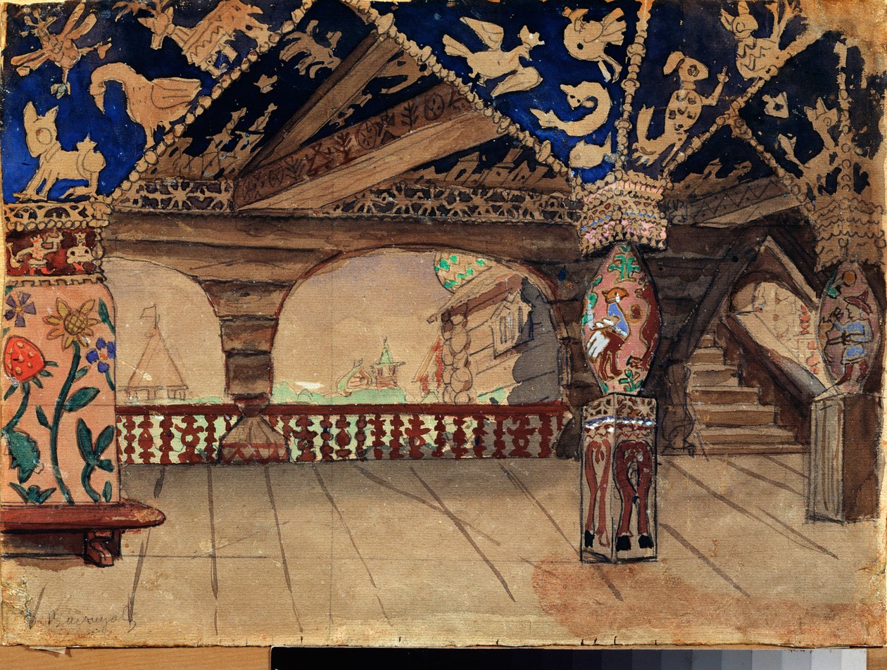 Bühnenbild für das Theaterstück "Schneemädchen" von A. Ostrovsky (Holzterrasse) von Victor Mikhailovich Vasnetsov