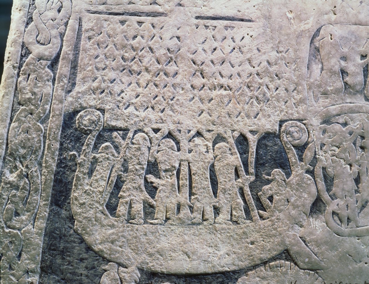 Detail eines Bildsteins, der die letzte Reise des Verstorbenen darstellt, von der Insel Gotland von Viking