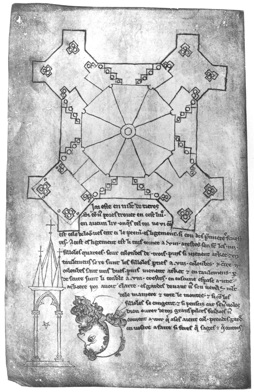 Ms 19093 fol.9v Faksimile einer Zeichnung des Turms der Kathedrale von Laon, Kopf eines bärtigen Mannes und gotisches Fenster von Villard de Honnecourt