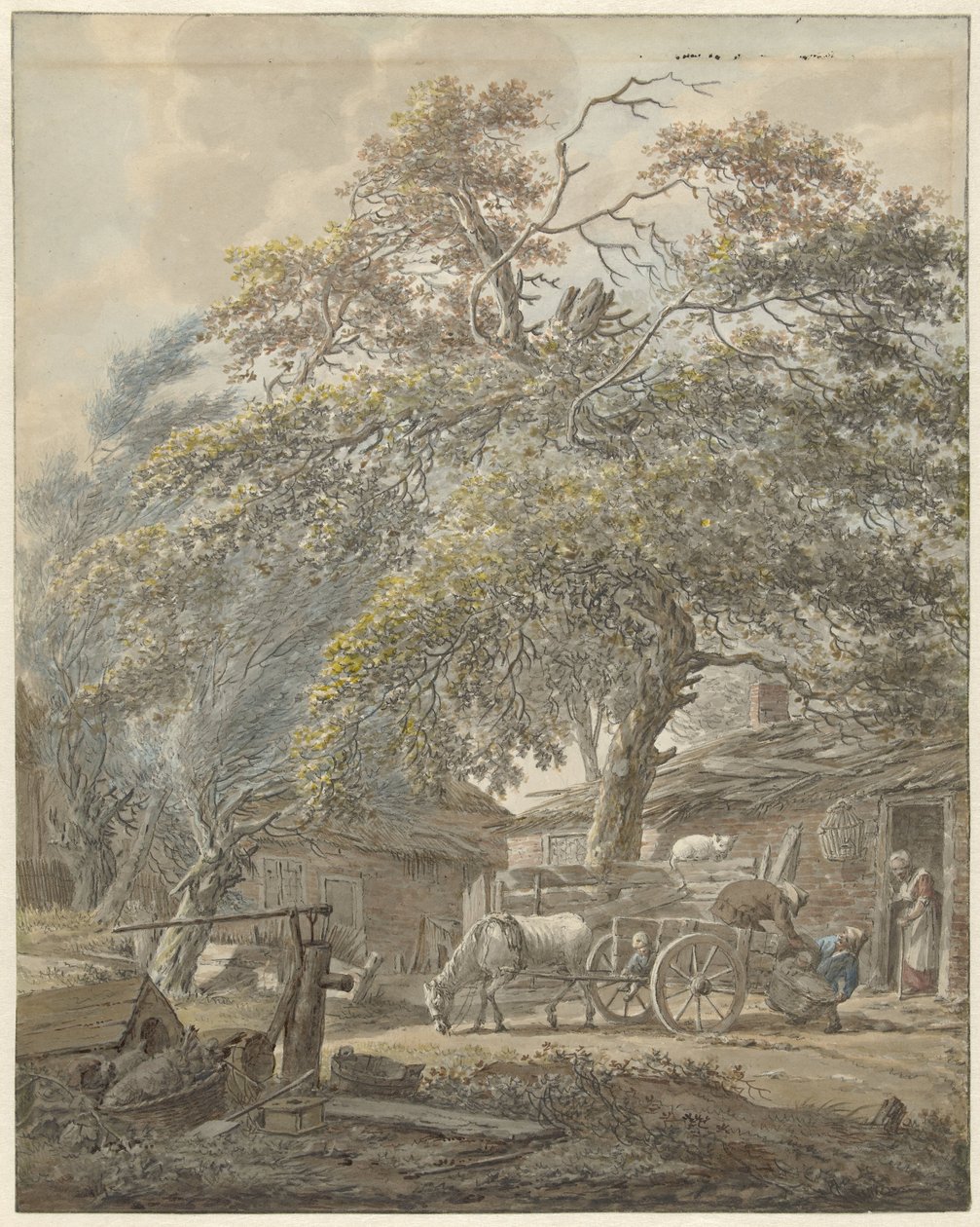 Bauernhof mit zwei Männern, die eine Wiege auf einen Pferdewagen laden von Vincent Jansz. van der Vinne