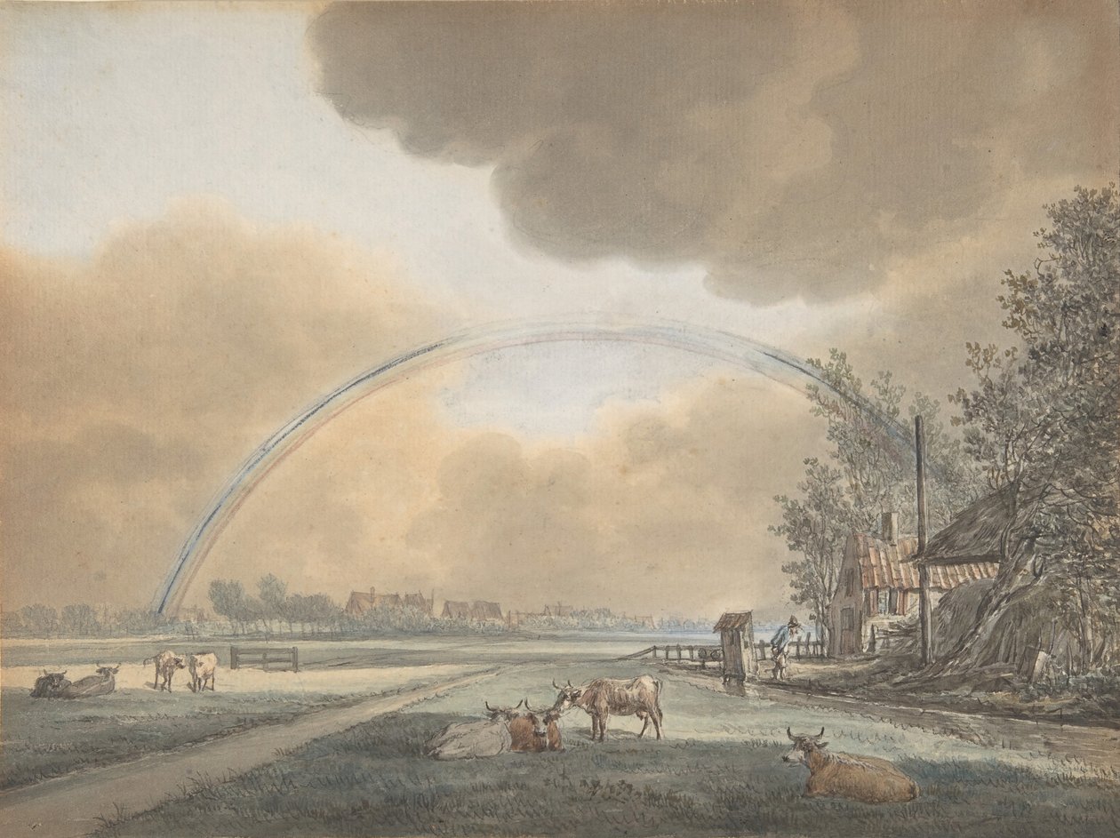 Landschaft mit einem Regenbogen über einem Bauernhaus und einem entfernten Dorf, n.d. von Vincent Jansz. van der Vinne