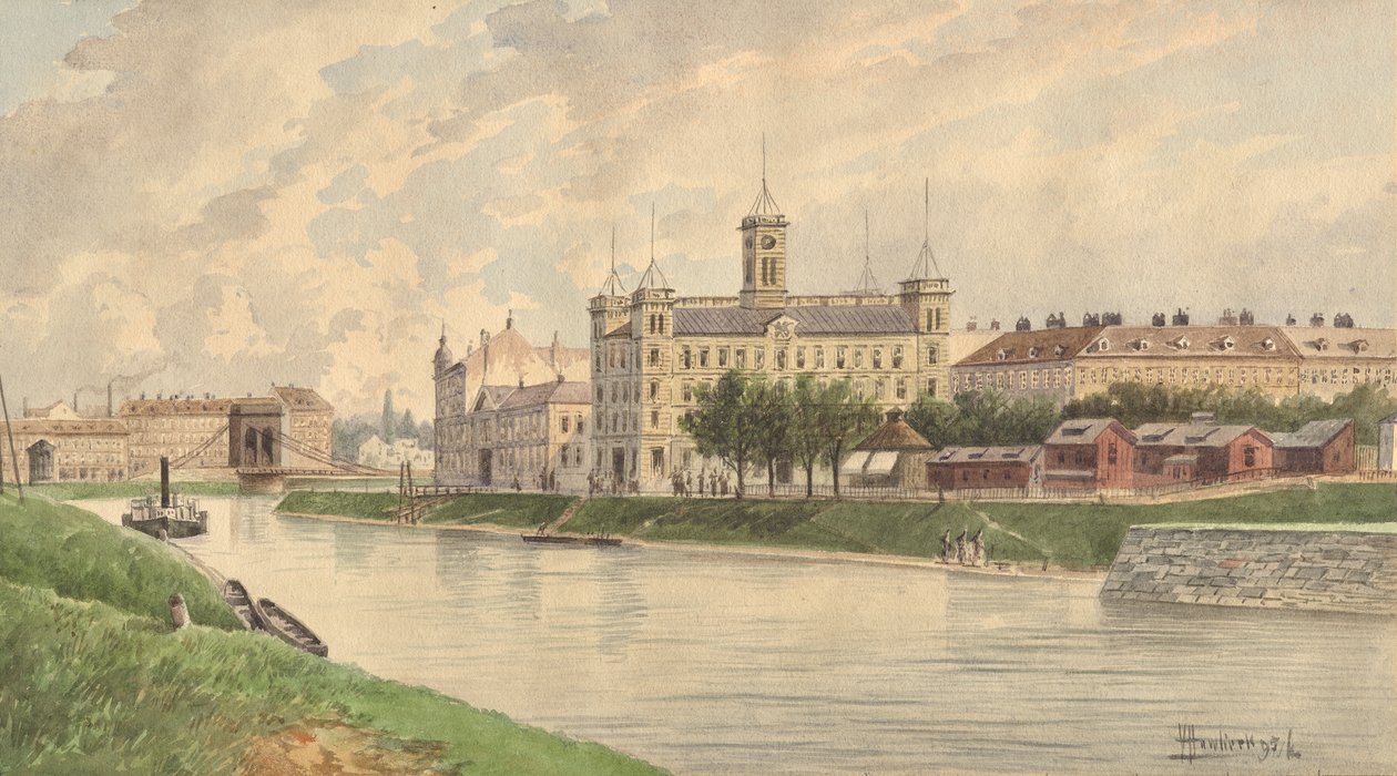 Die Weissgärber Lände in Wien mit dem Donau-Dampfschiffahrtsgebäude von Vincenz Havlicek