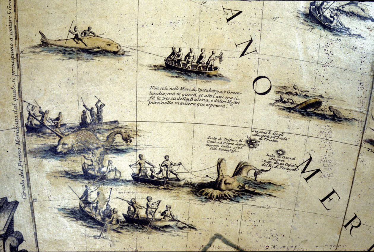 Walfang im Pazifik. Detail eines Globus von Coronelli aus dem 17. Jahrhundert von Vincenzo Maria Coronelli