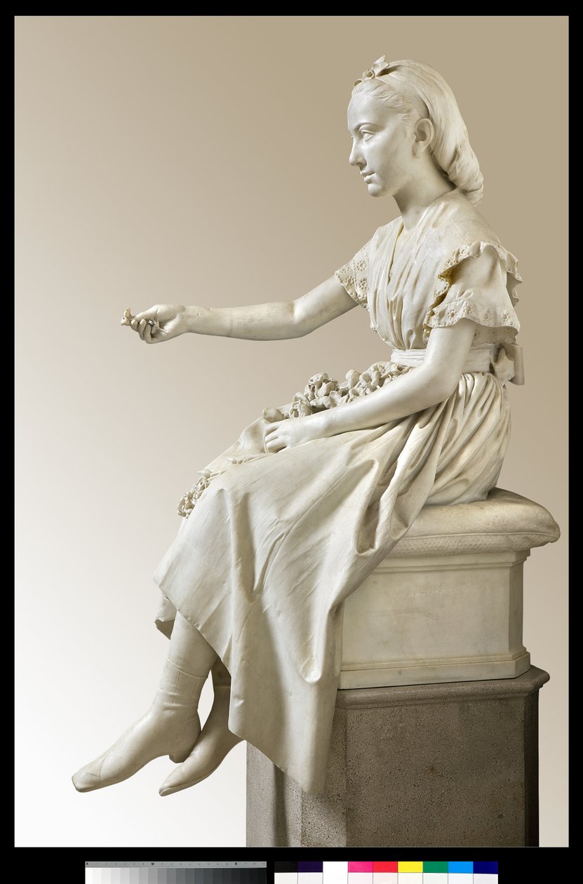 Porträt der Marquise Virginia Busti Porro als junges Mädchen oder junge Dame, die eine Blume anbietet von Vincenzo Vela