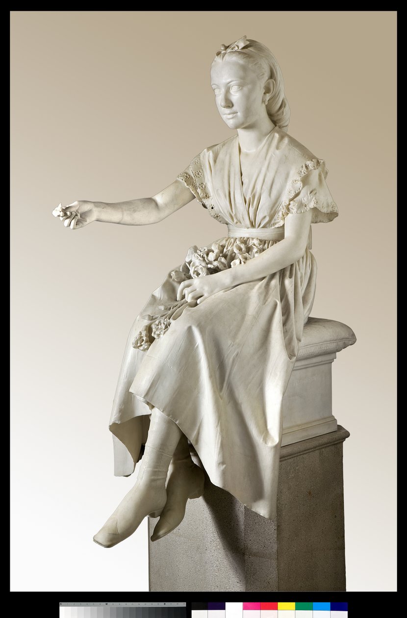 Porträt der Marquise Virginia Busti Porro als junges Mädchen oder junge Dame, die eine Blume anbietet von Vincenzo Vela