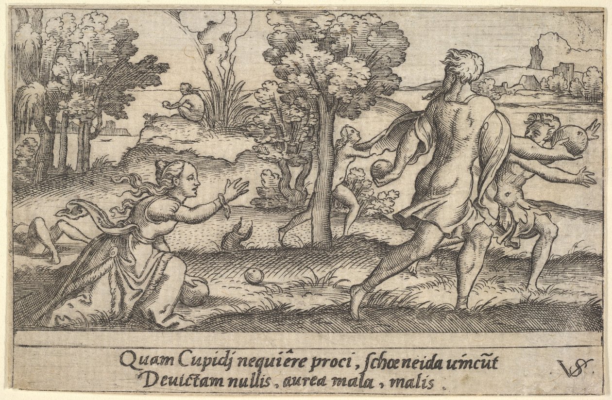 Atalanta und Hippomenes, im Vordergrund kniet Atalanta, um einen Apfel aufzuheben von Virgil Solis
