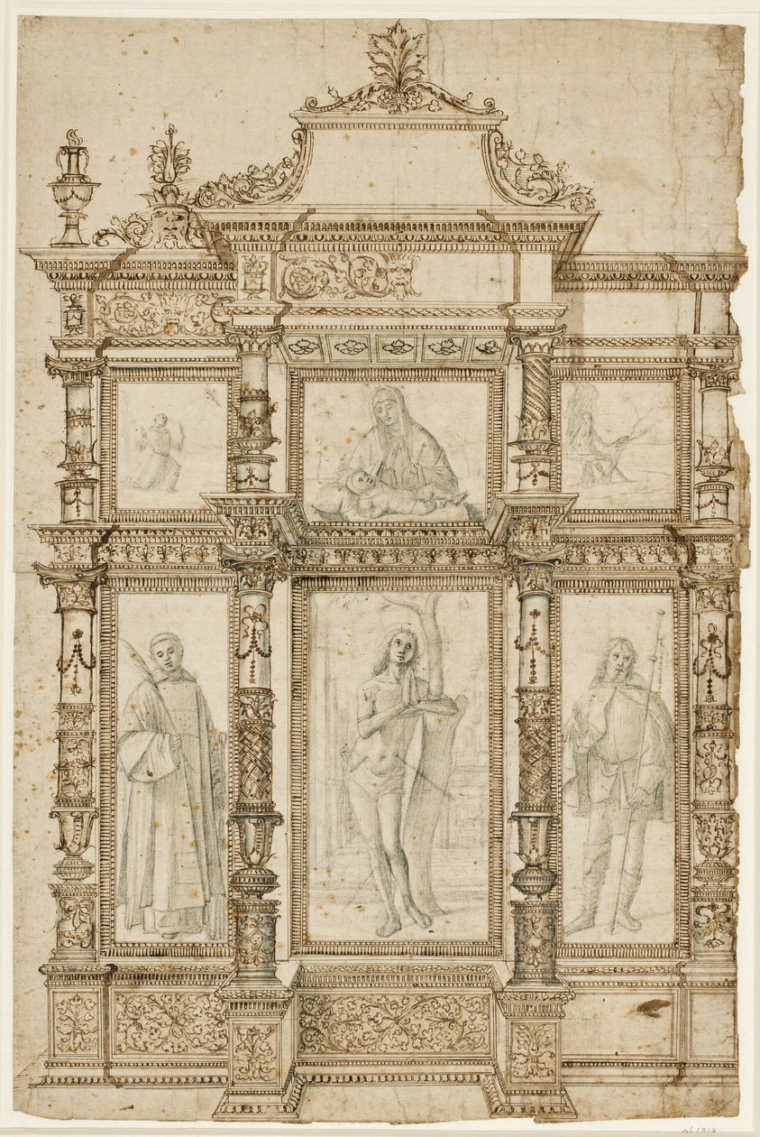 Studie für ein Altarbild mit sechs Bildern in einer verzierten Rahmenstruktur. Oben: Die Stigmatisation des Hl. Franziskus, Madonna mit Kind, Hl. Hieronymus in der Wildnis; unten: Hl. Laurentius, Sebastian und Rochus von Vittore Carpaccio