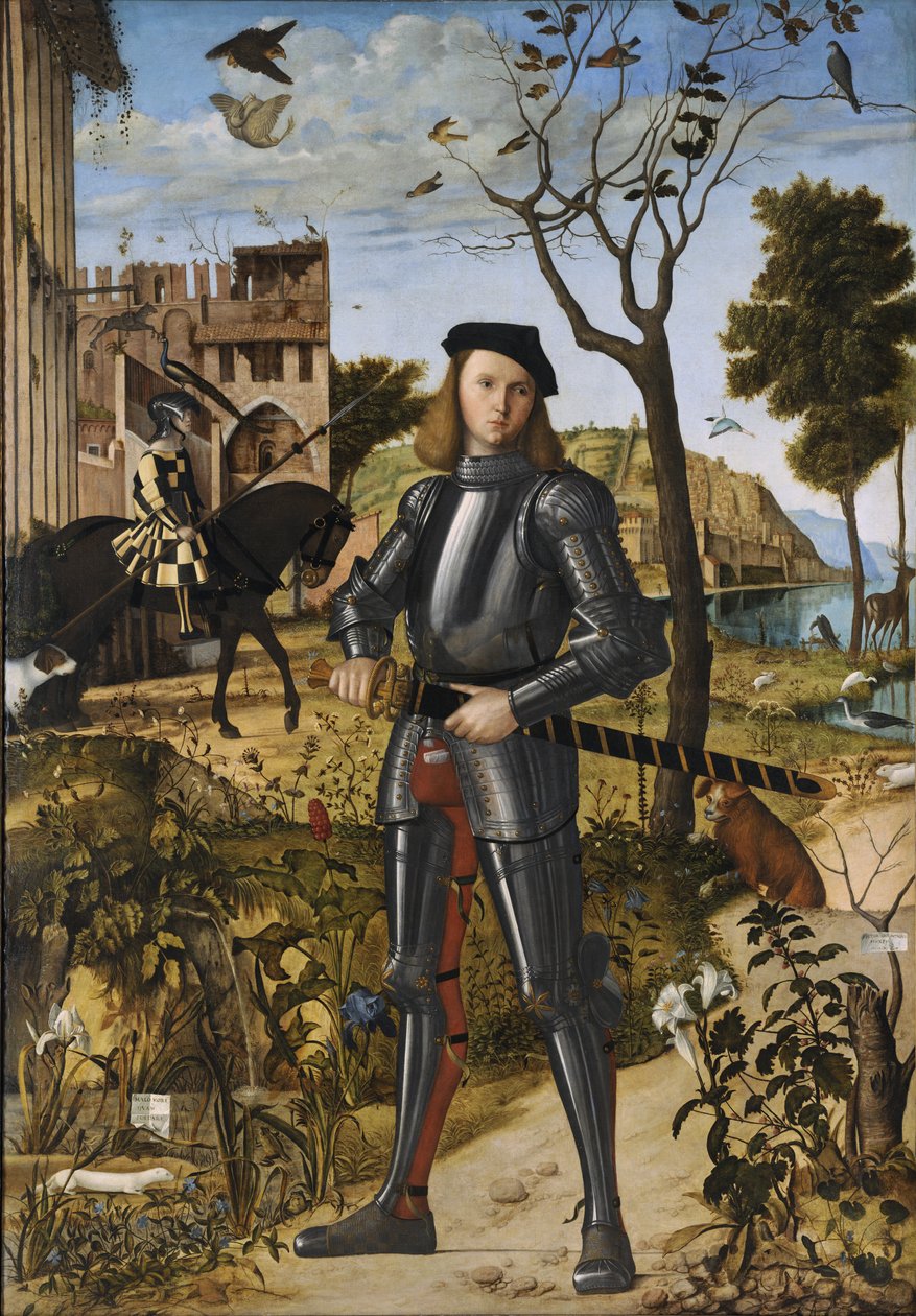 Junger Ritter in einer Landschaft (auch bekannt als Porträt eines Ritters) von Vittore Carpaccio