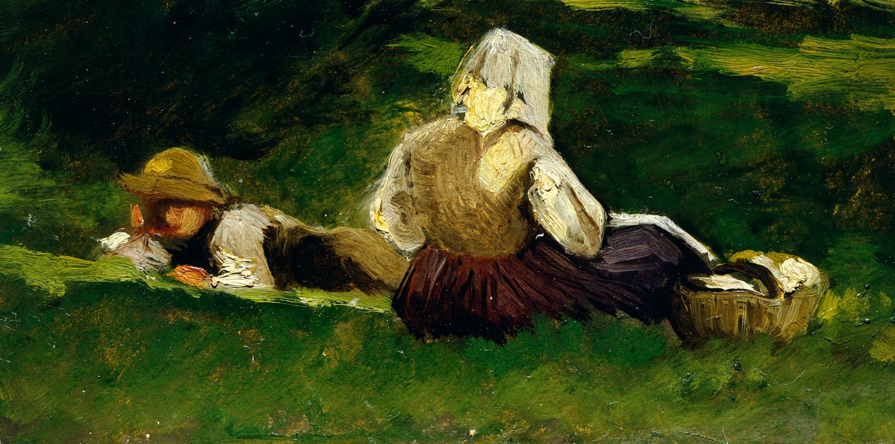 Sitzende Frau und Junge auf dem Gras liegend von Vittorio Avondo