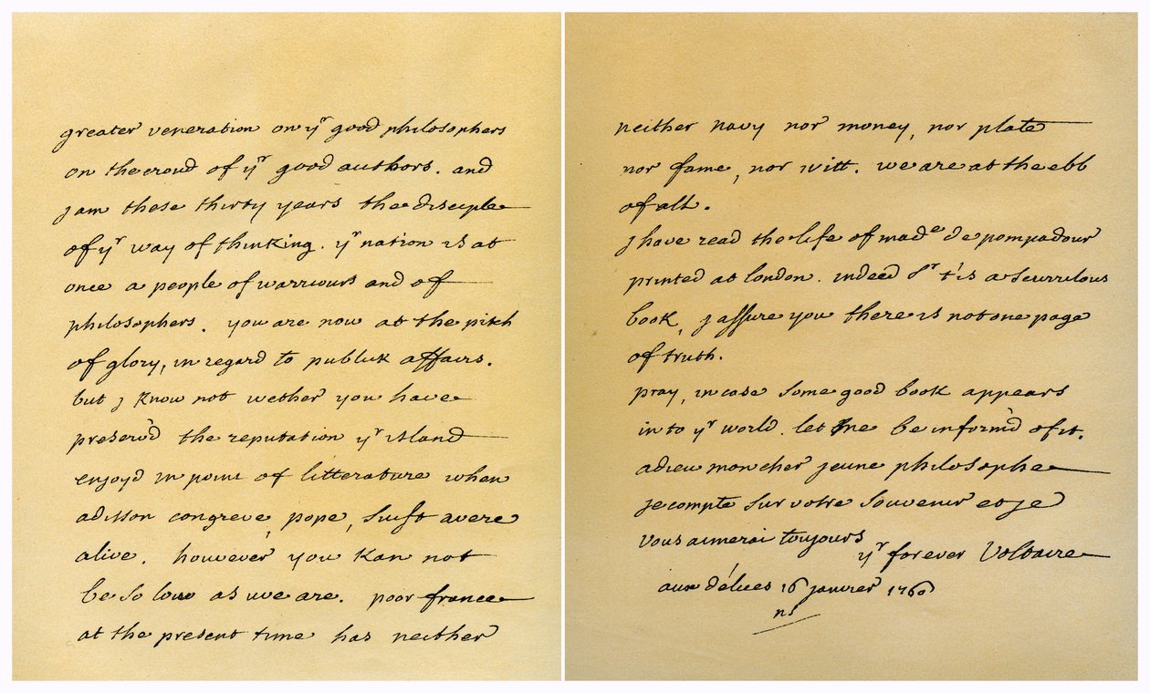 Brief von Francois Marie Arouet de Voltaire an George Keat, 16. Januar 1760 von Voltaire