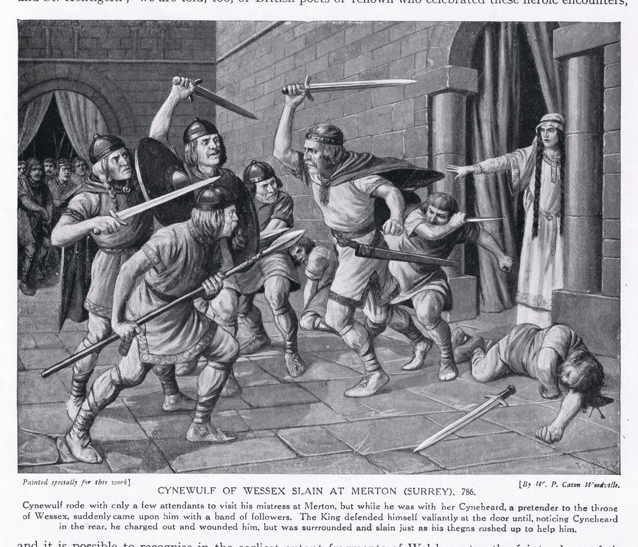 Cynewulf von Wessex, getötet in Merton, Surrey AD786, 1920er Jahre von W.P. Caton Woodville