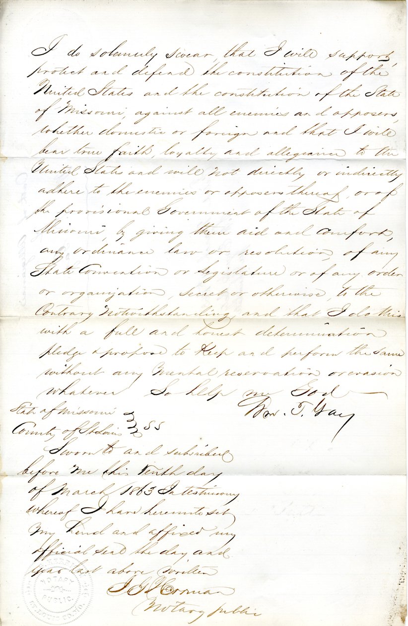 Treueeid von Wm. T. Gay aus Missouri, County of St. Louis von W.T. Gay