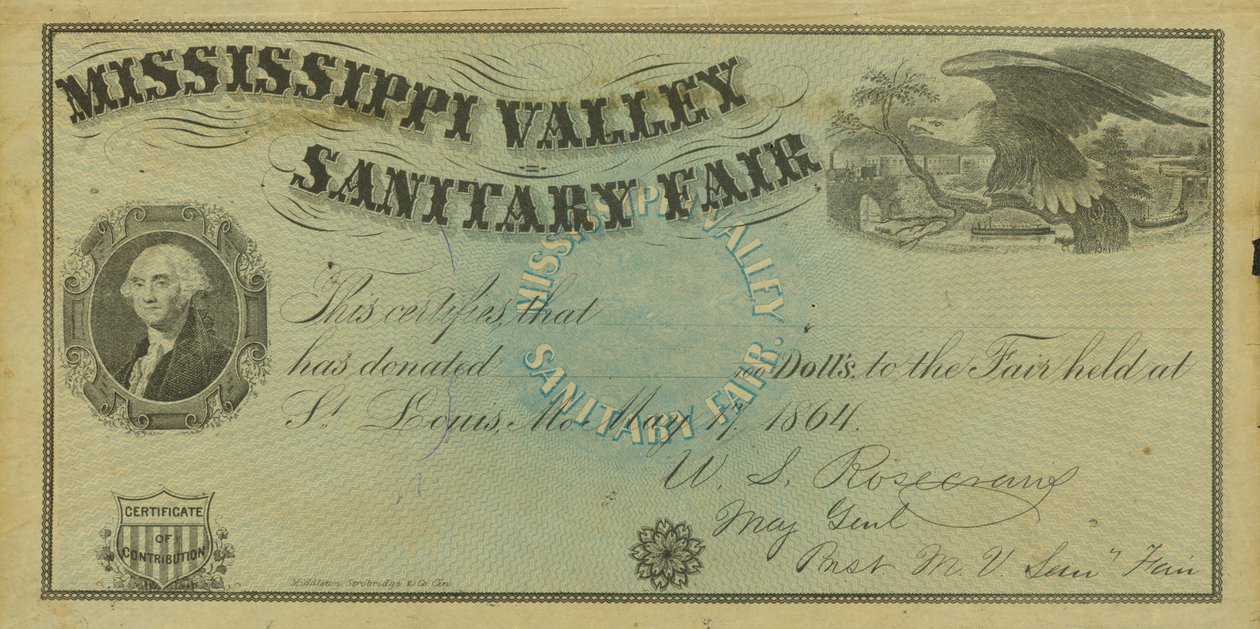 Leeres illustriertes Spendenzertifikat für Spenden auf der Mississippi Valley Sanitary Fair, 7. Mai 1864 von W. A. Rosecrans