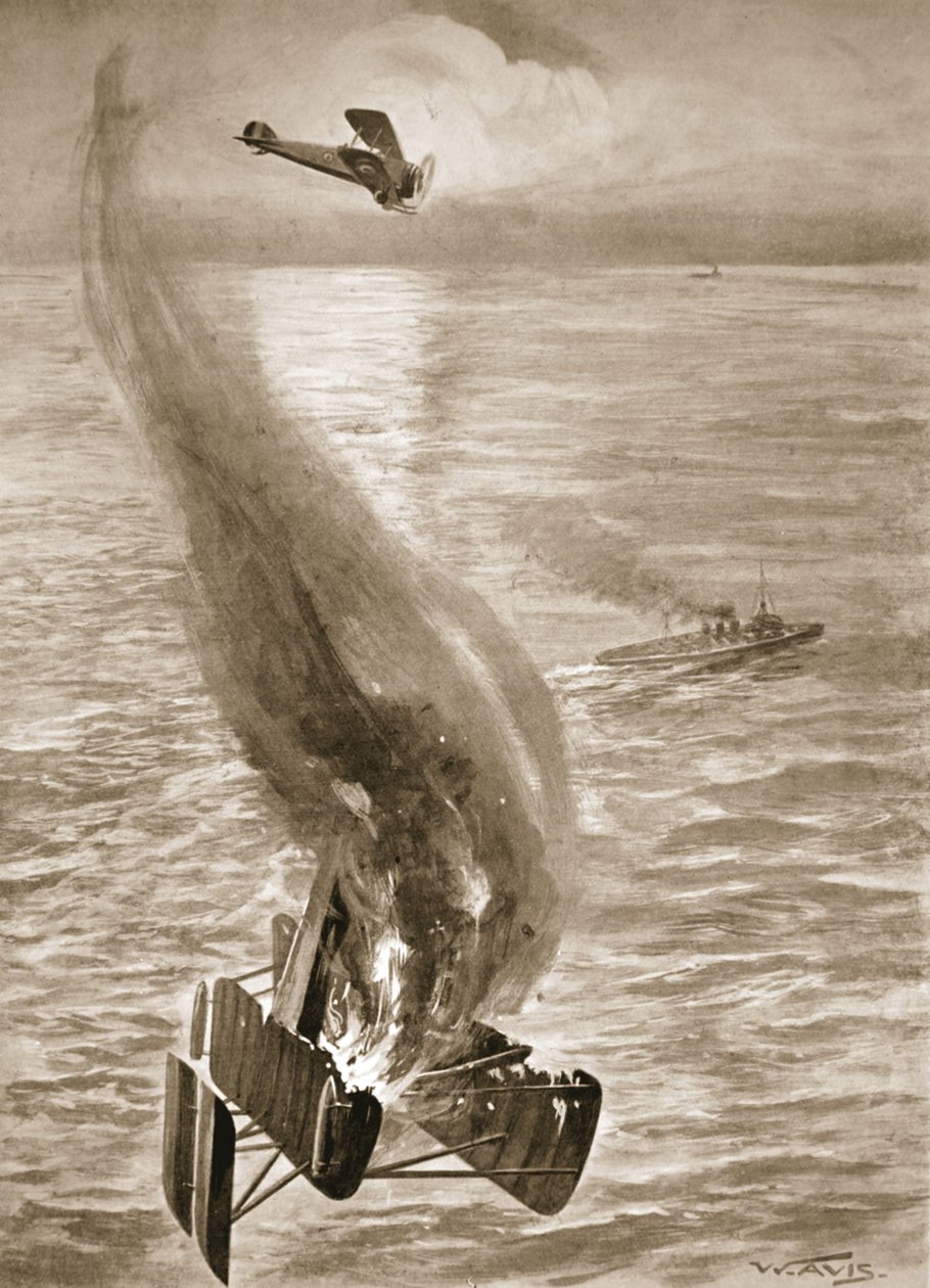 Die Zerstörung eines deutschen Wasserflugzeugs durch Flight-Sub-Lieutenant Ince vor der belgischen Küste von W. Avis