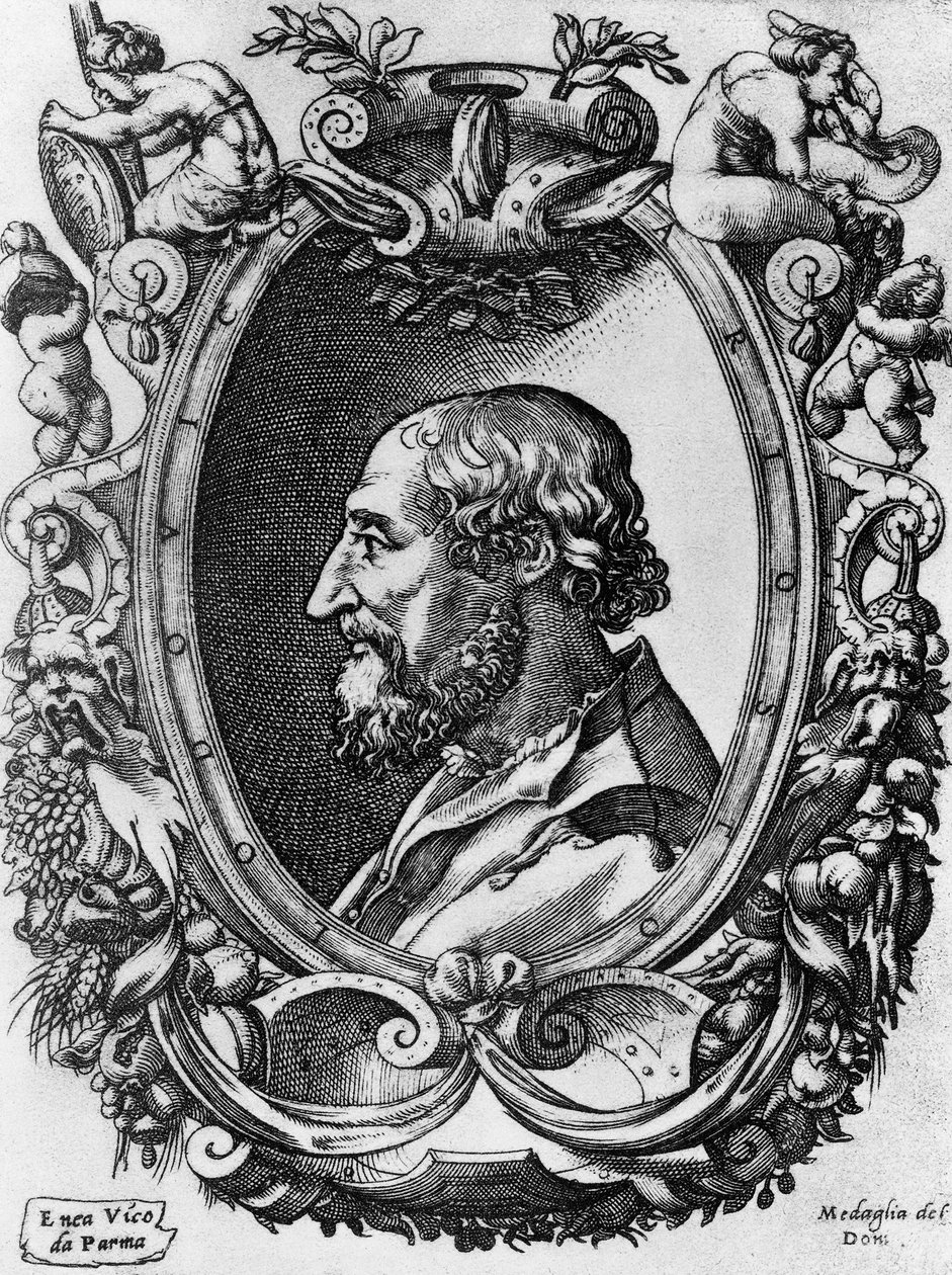 Porträt von Ludovico Ariosto (1474-1533), italienischer Dichter und Dramatiker, Medaglie del Doni, Gravur von Enea Vico (1523-1567) von John Ward Dunsmore