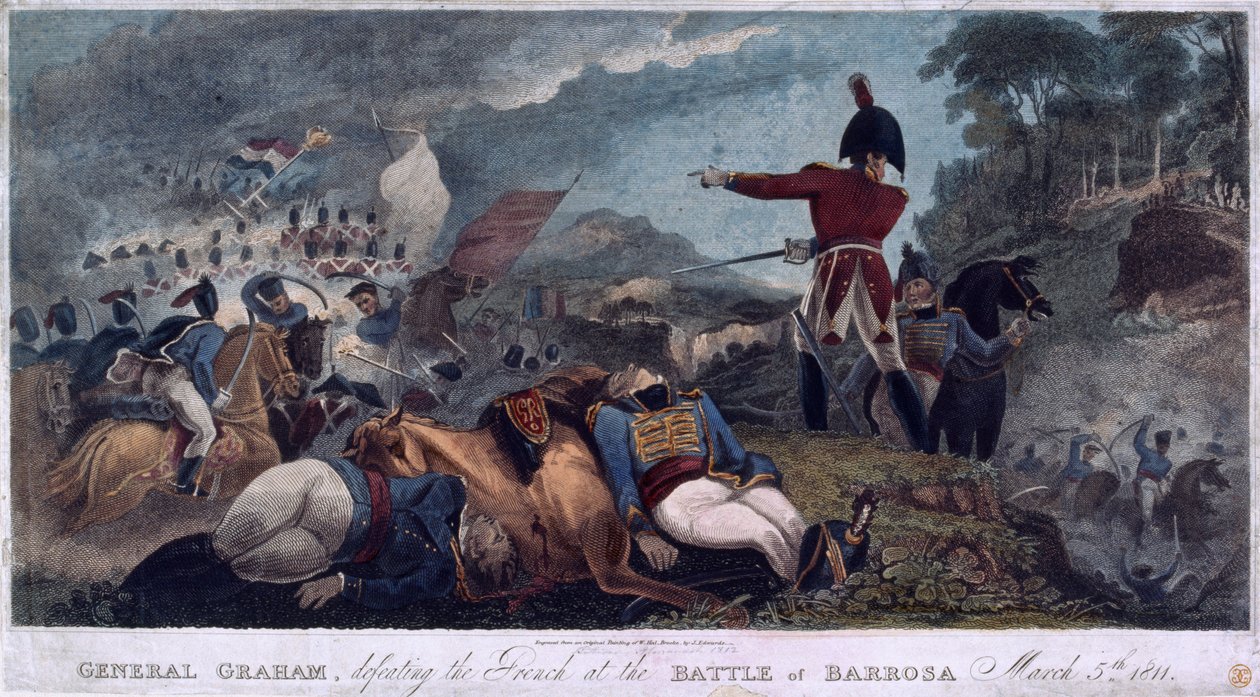 General Graham besiegt die Franzosen in der Schlacht von Barrosa, graviert von J. Edwards, veröffentlicht von Almanack Stationers, 1812 von W. Hal Brooke