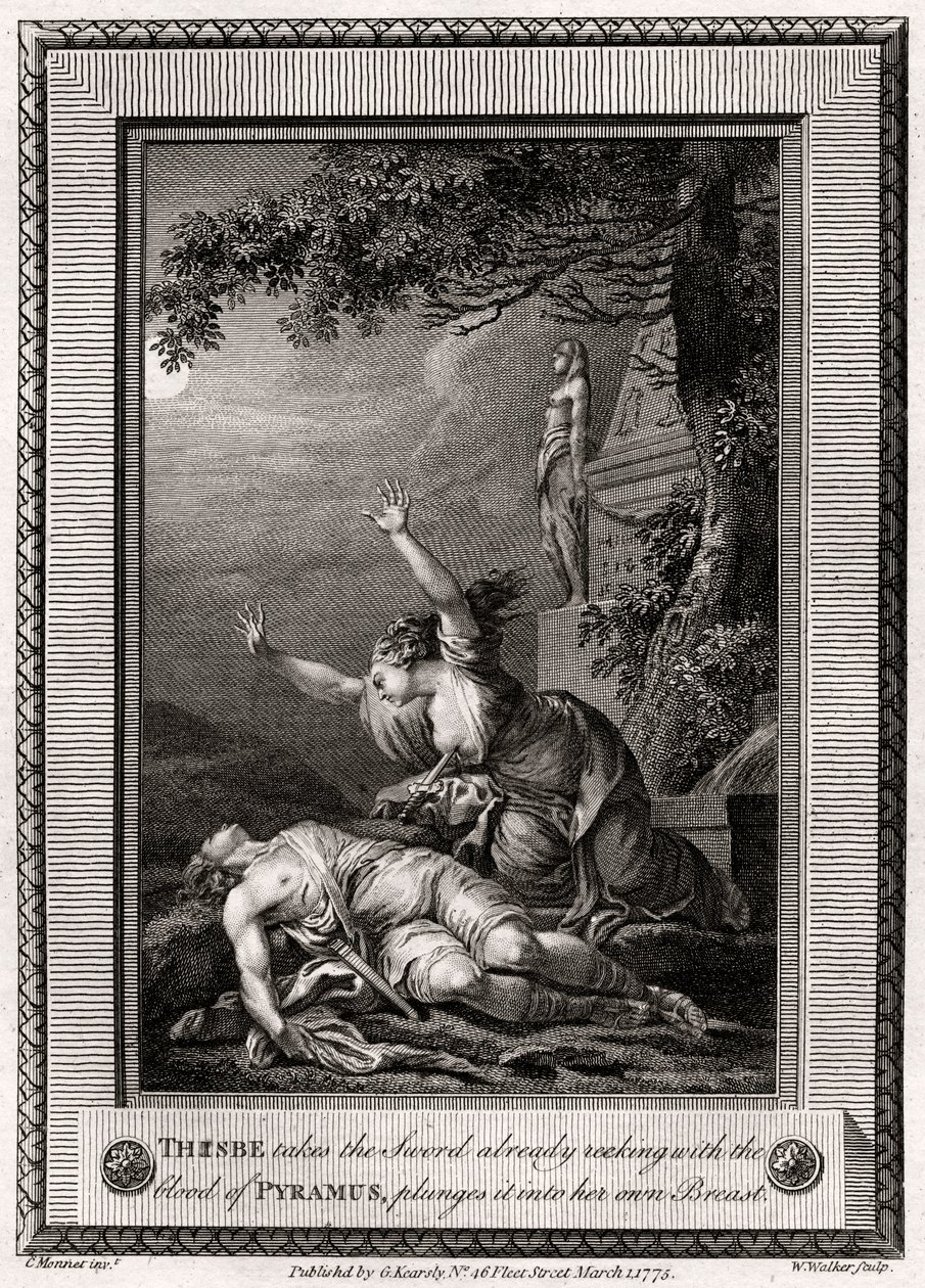 Thisbe nimmt das Schwert, das bereits mit dem Blut von Pyramus trieft, und stürzt es hinein..., 1775 von W. Walker