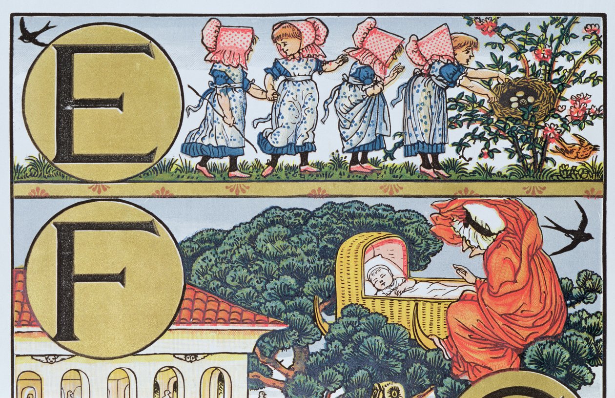 E-F, aus einem Alphabet basierend auf Kinderreimen (Farbgravur) von Walter Crane