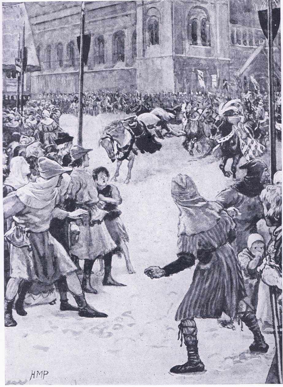 Ein Vorfall bei den Krönungszeremonien von Edward I. in Westminster, aus Cassells Geschichte des britischen Volkes veröffentlicht von der Waverley Book Company Limited, ca. 1940 von Walter Paget