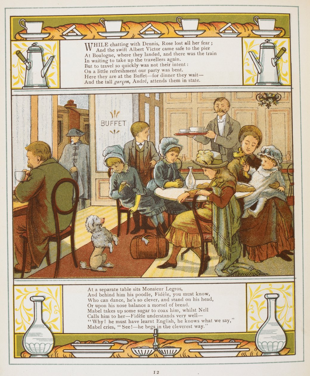 Eine Familie bei Erfrischungen in einem Buffet. Farbige Illustration aus 