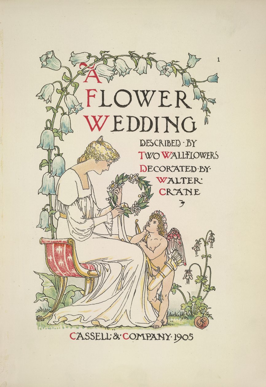 Eine sitzende Frau, die einen Kranz hält; ein Engel schaut zu ihr auf von Walter Crane