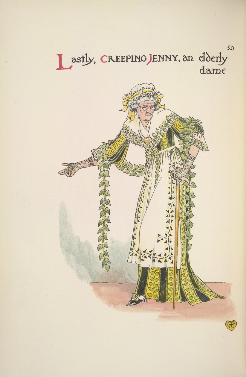 Kriechendes Jenny. Eine ältere Dame, die einen Gehstock benutzt von Walter Crane