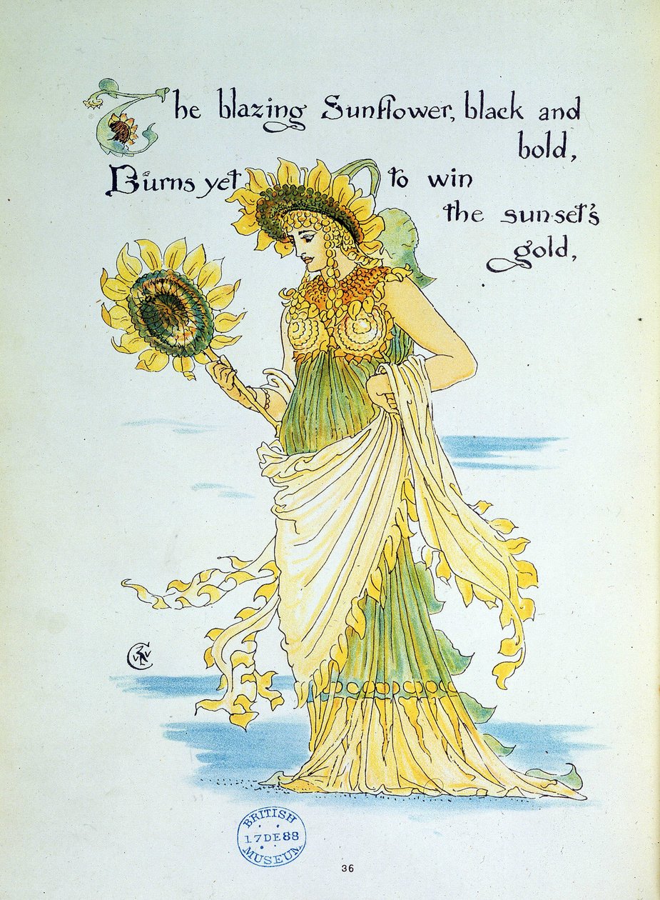 Die Sonnenblume personifiziert in einer jungen Frau in Gelb und Grün gekleidet. Tafel 36 aus "Flora